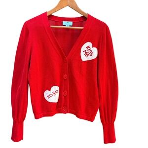 CeCe Cardigan Women Medium Red Kiss Me XOXO Heart Intarsia Button Front Sweater